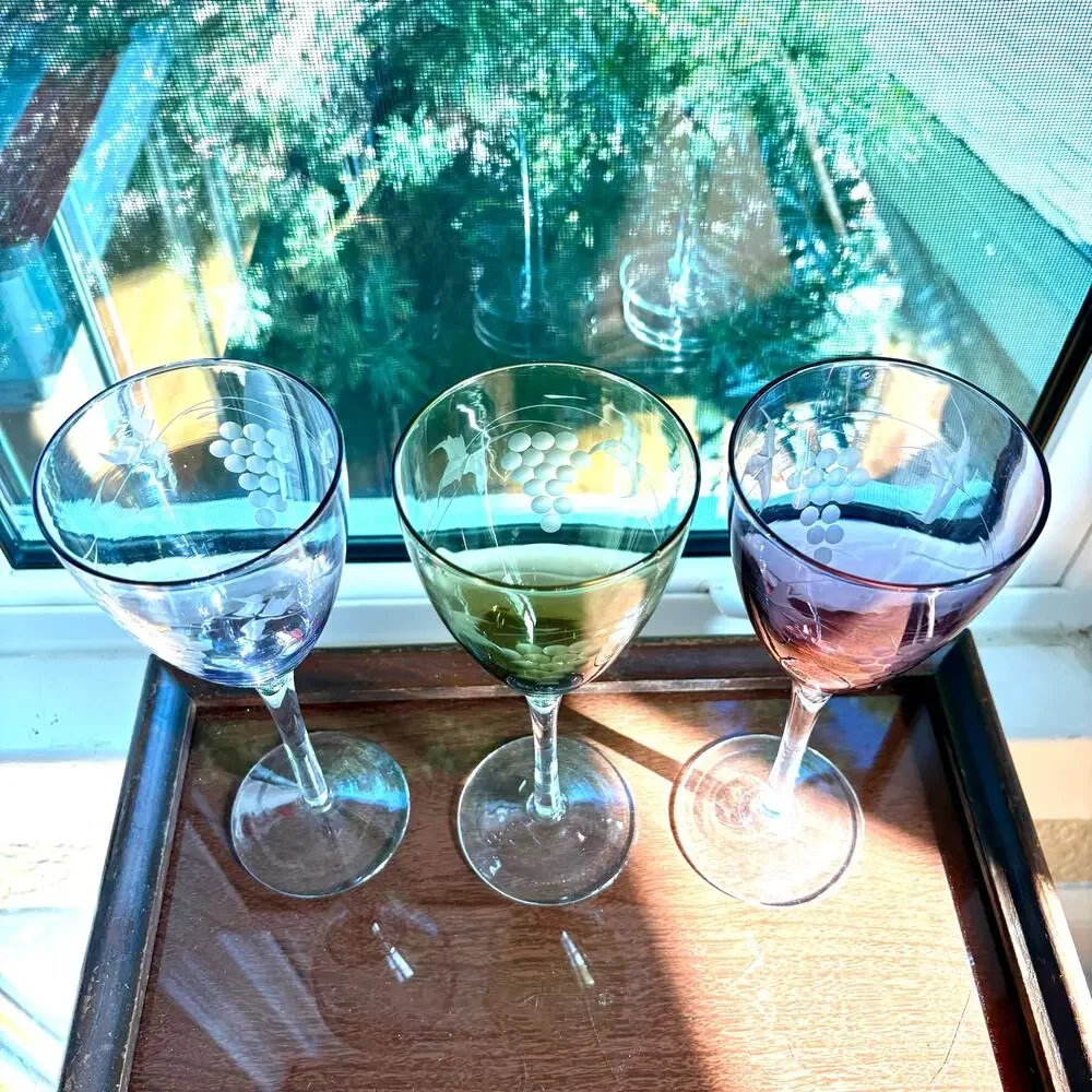 Hand Blown Wine Glasses Green & Purple Etched Grape Set of 3
